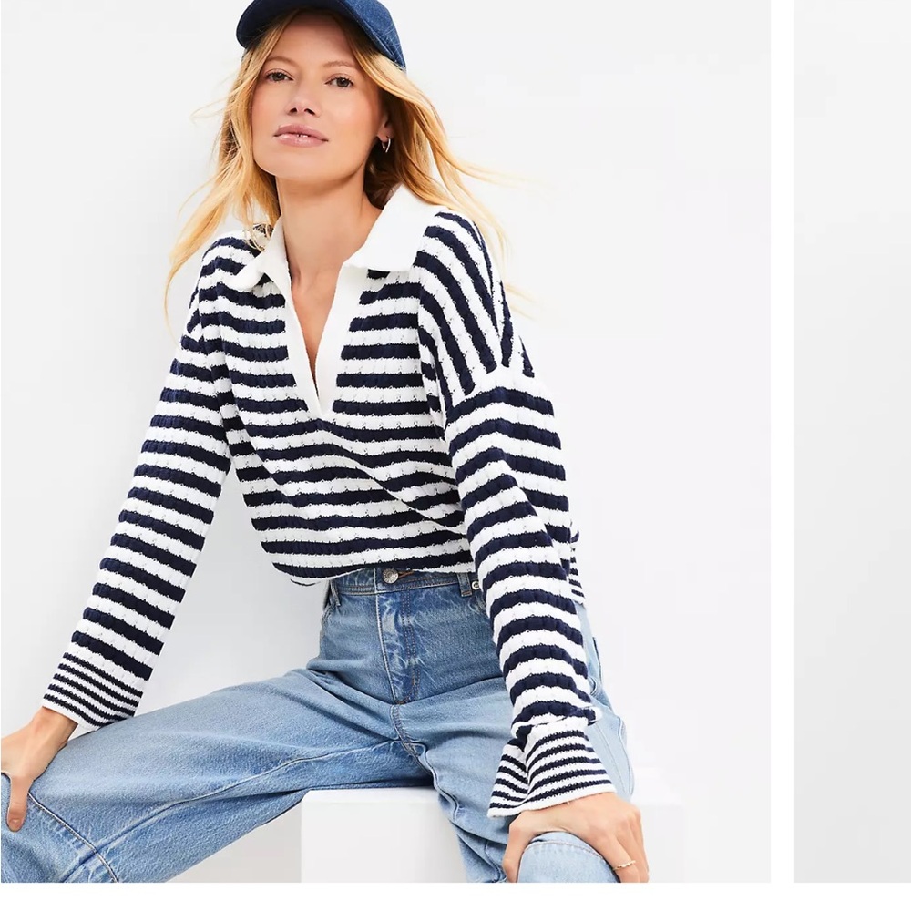 LOFT Striped Collared V neck Preppy Sweater Navy and White Size XS